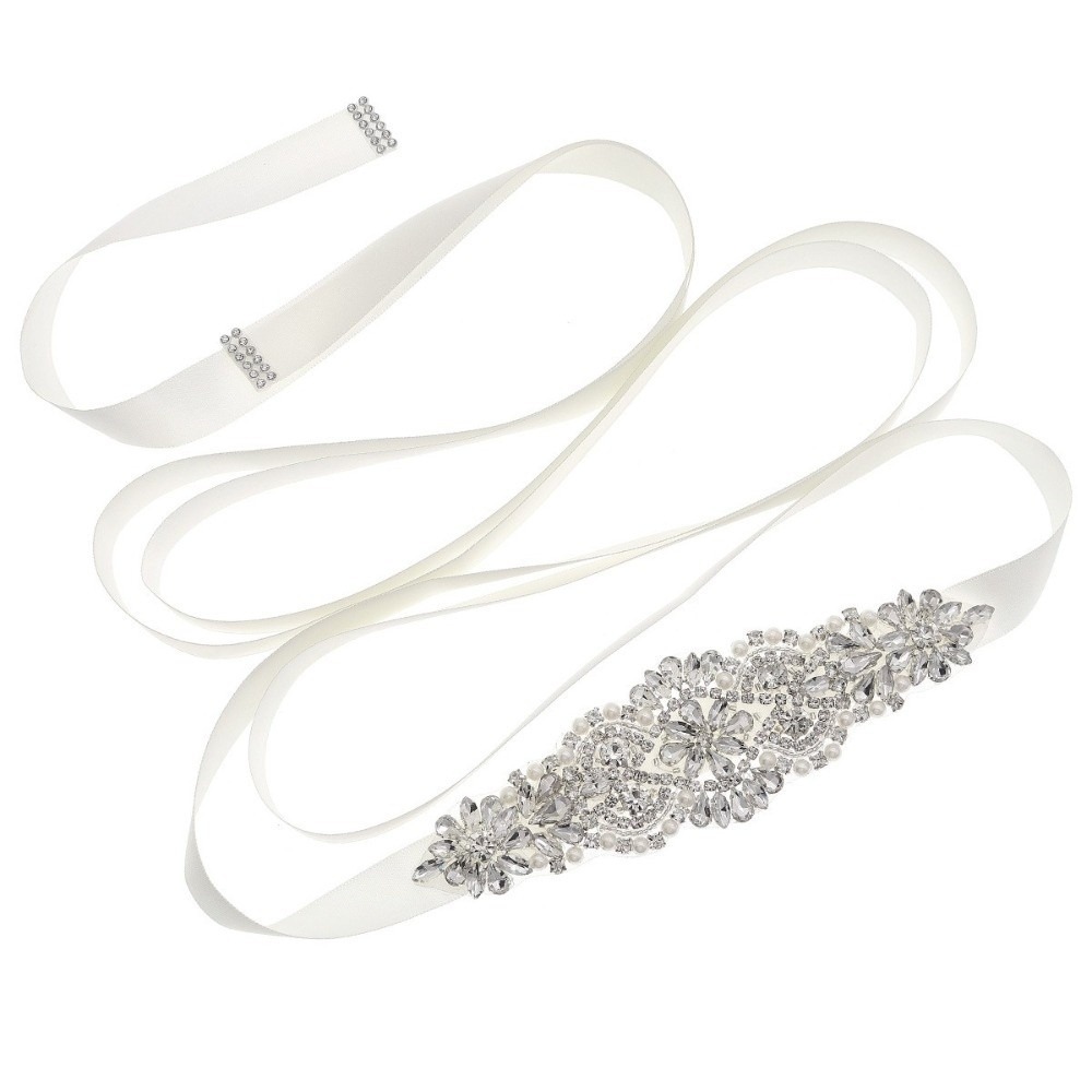 Bridal Sash Ribbon - Pasek ślubny z wstążką, srebrny, długi,
